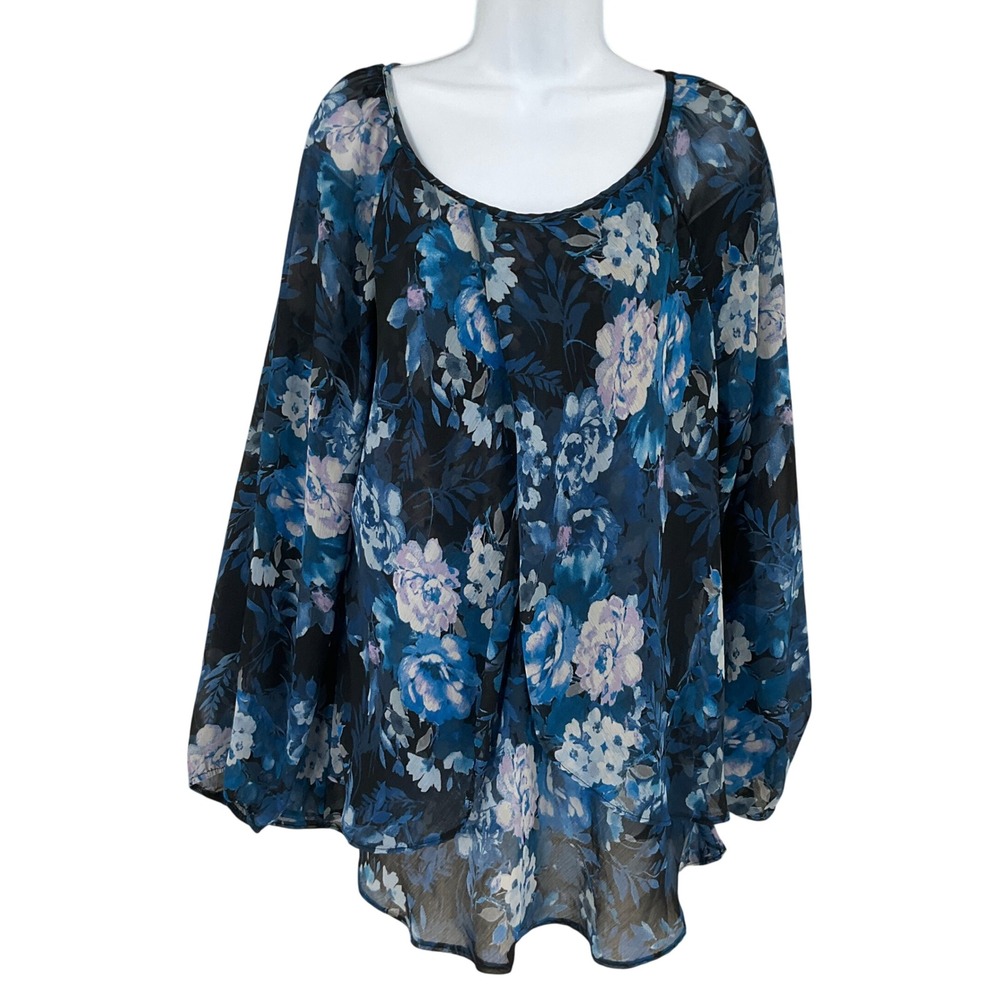 Roz & Ali Blouse Womens XL Blue Floral Sheer Sleeve Layered Boho Flowy Modest